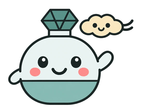 The Dayscent mascot, a round teal perfume bottle with a little cloud friend, waving hello.